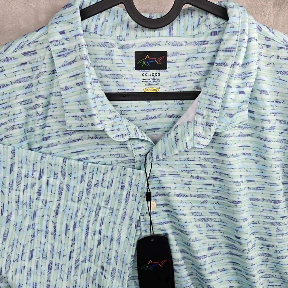 NWT‎ Greg Norman Size XXL Heathered Blue Stripe Shark Polo Golf Shirt Play Dry